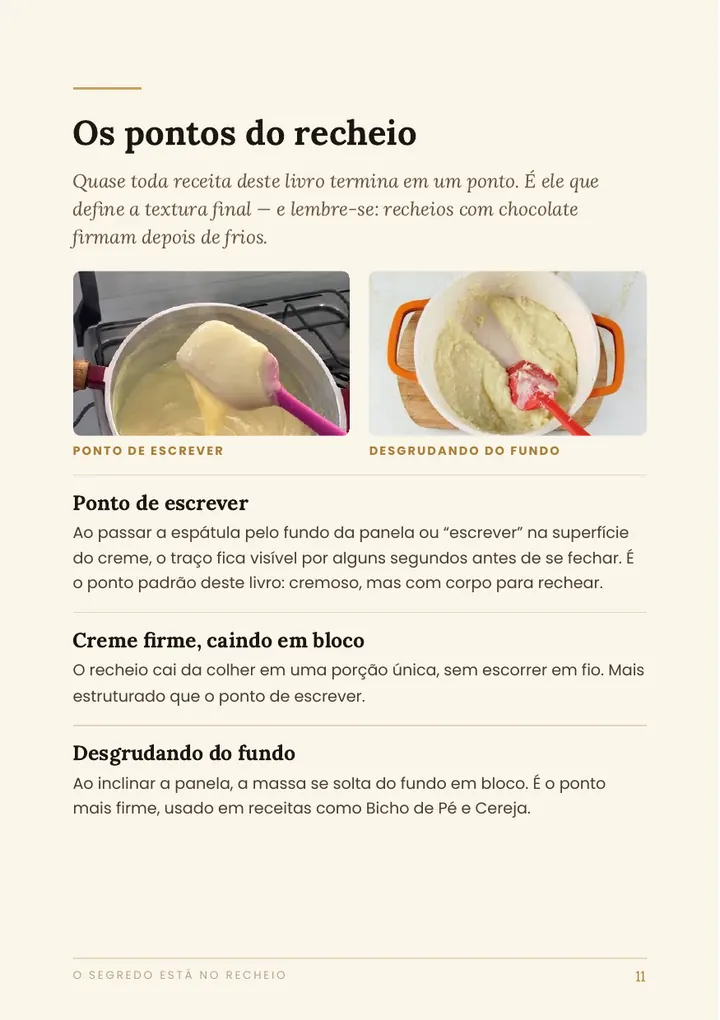 Página que explica os pontos do recheio: ponto de escrever, creme em bloco e desgrudando do fundo