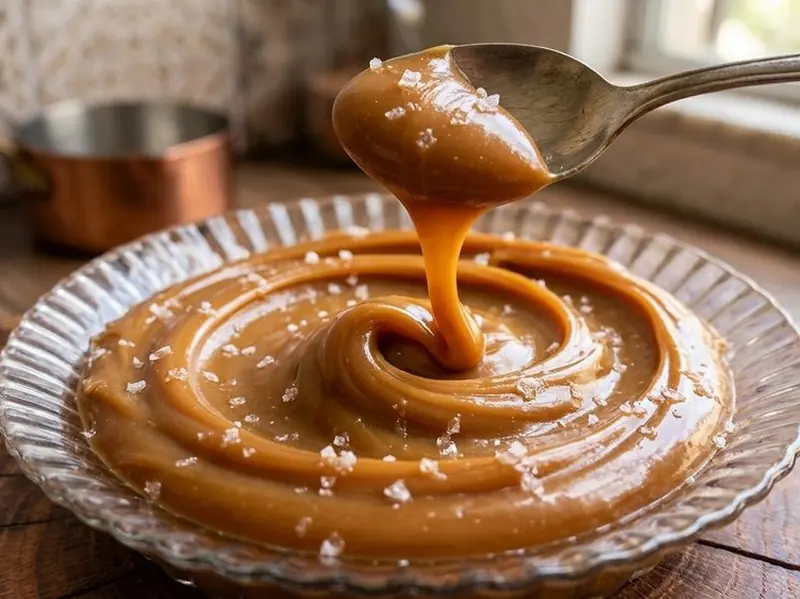 Recheio de Caramelo Salgado pronto, em uma tigela